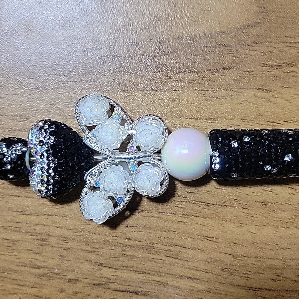 Black and Silver Bejeweled Pen with Butterfly Accent